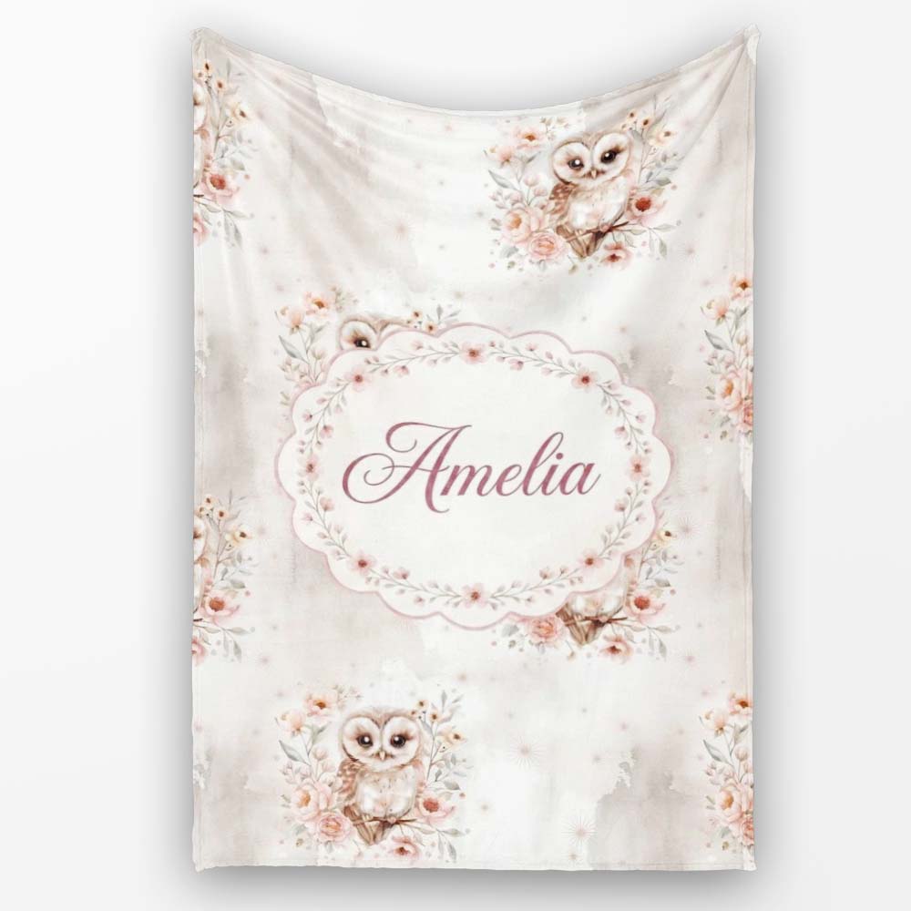 Cute Owl Floral Pastel Nursery Seamless Pattern Perfect Gift for Her Personalised Custom Name Super Soft Fleece Blanket Bed Sofa Throw