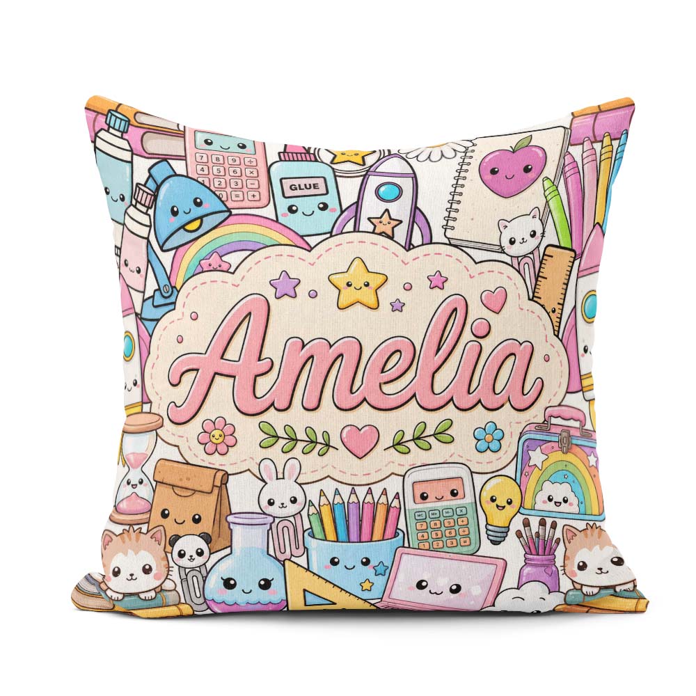Custom Name Cute Kawaii School Supplies Sun Globe Notebook White Square Filled Cushion Throw Pillow Sofa Bed Home Decor Zip Washable UK Made