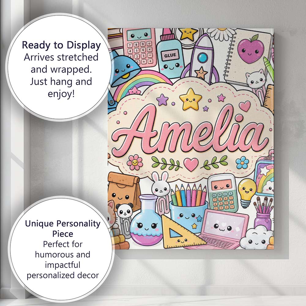 Personalised Name Cute Kawaii School Custom Premium Decorative Design Modern Room Accent Canvas Wall Art Print Decor Picture Ready to Hang