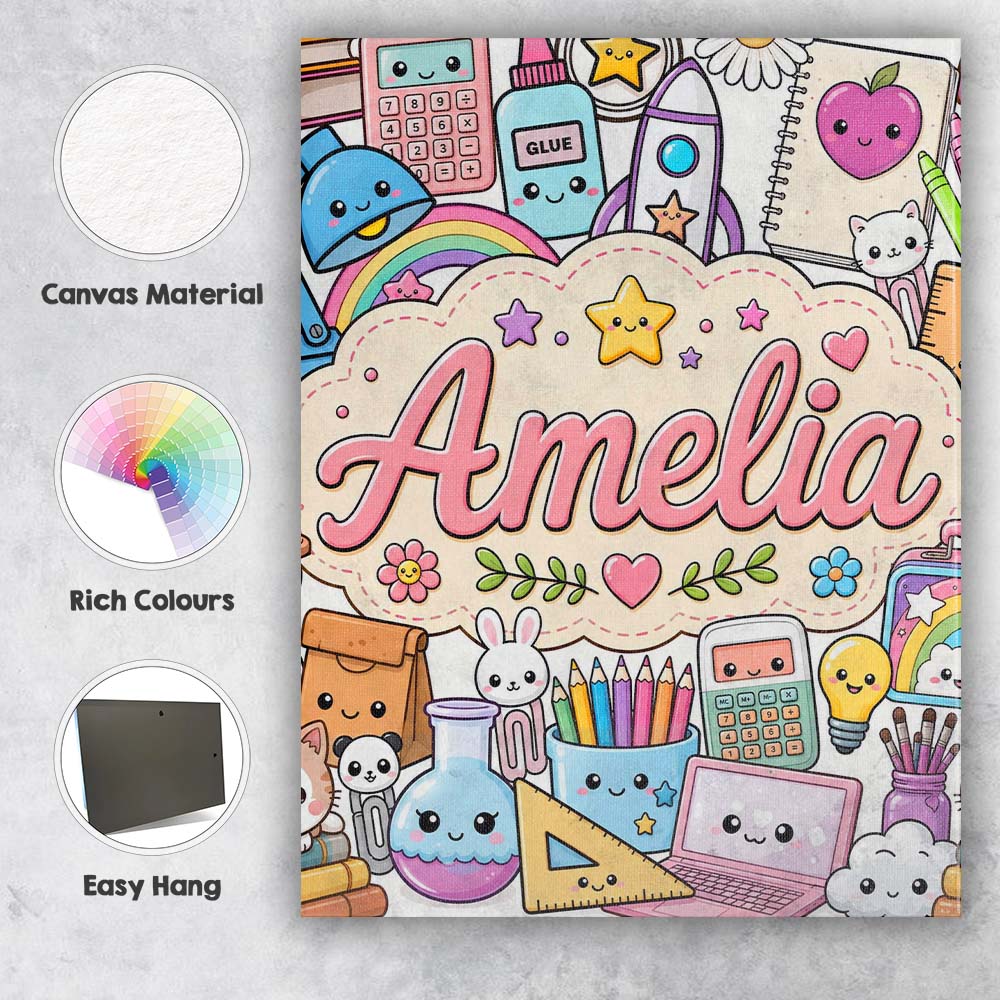 Personalised Name Cute Kawaii School Custom Premium Decorative Design Modern Room Accent Canvas Wall Art Print Decor Picture Ready to Hang
