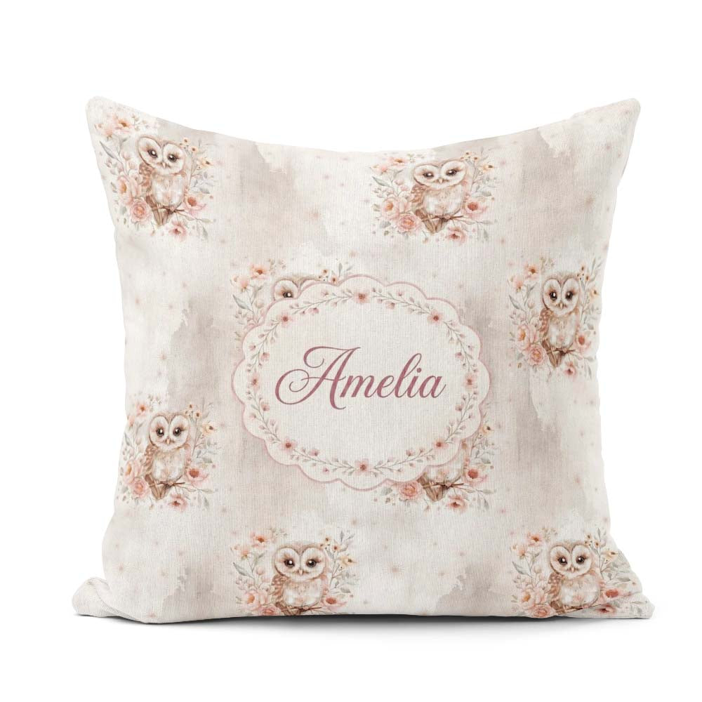 Custom Name Cute Owl Floral Pastel Nursery Seamless Pattern for Square Filled Cushion Throw Pillow Sofa Bed Home Decor Zip Washable UK Made