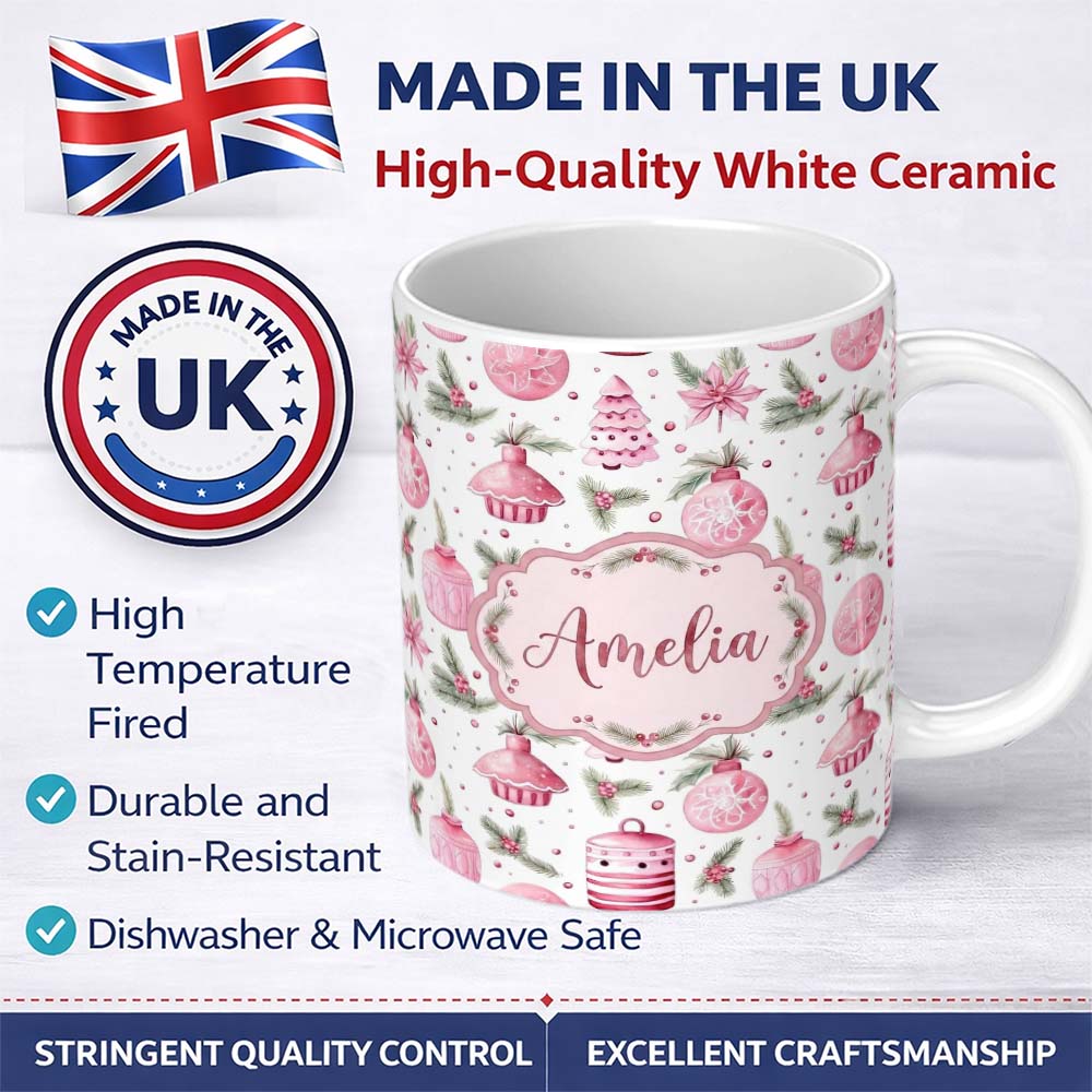 Personalized Custom Name Watercolor Pink Christmas Ornaments Pine Berries Seamless Pattern 11oz Ceramic Coffee Tea Mug White Large Handle