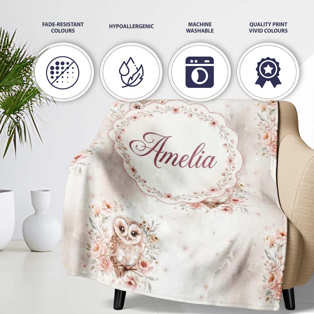 Cute Owl Floral Pastel Nursery Seamless Pattern Perfect Gift for Her Personalised Custom Name Super Soft Fleece Blanket Bed Sofa Throw