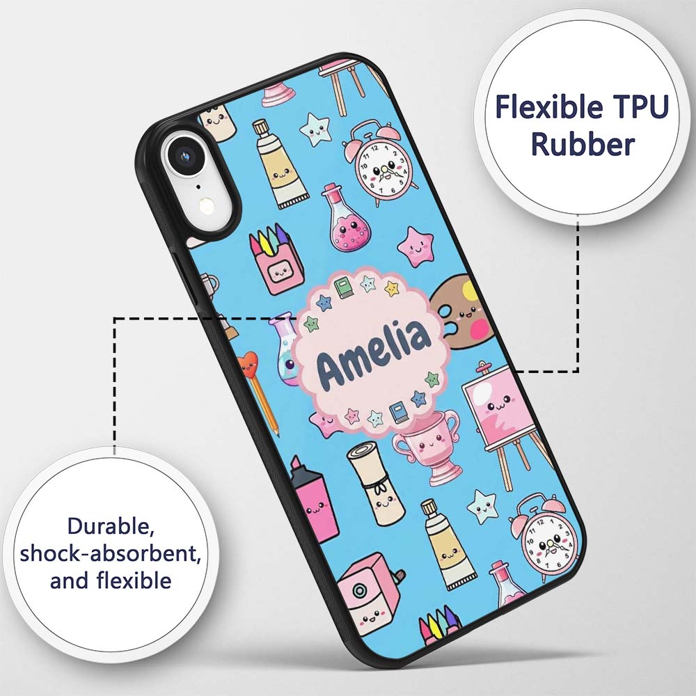 Cute Kawaii Graduate Boy Science Art Supplies Custom Name Protective Phone Case Mobile Cover Durable Everyday Smartphone Shock Resistant