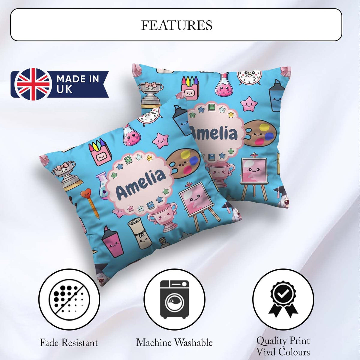 Custom Name Cute Graduate Boy Science Art Supplies Seamless Blue Square Filled Cushion Throw Pillow Sofa Bed Home Decor Zip Washable UK Made