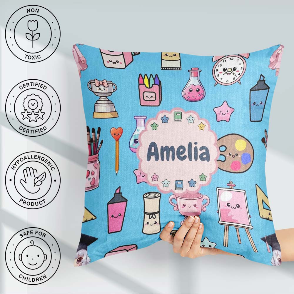 Custom Name Cute Graduate Boy Science Art Supplies Seamless Blue Square Filled Cushion Throw Pillow Sofa Bed Home Decor Zip Washable UK Made