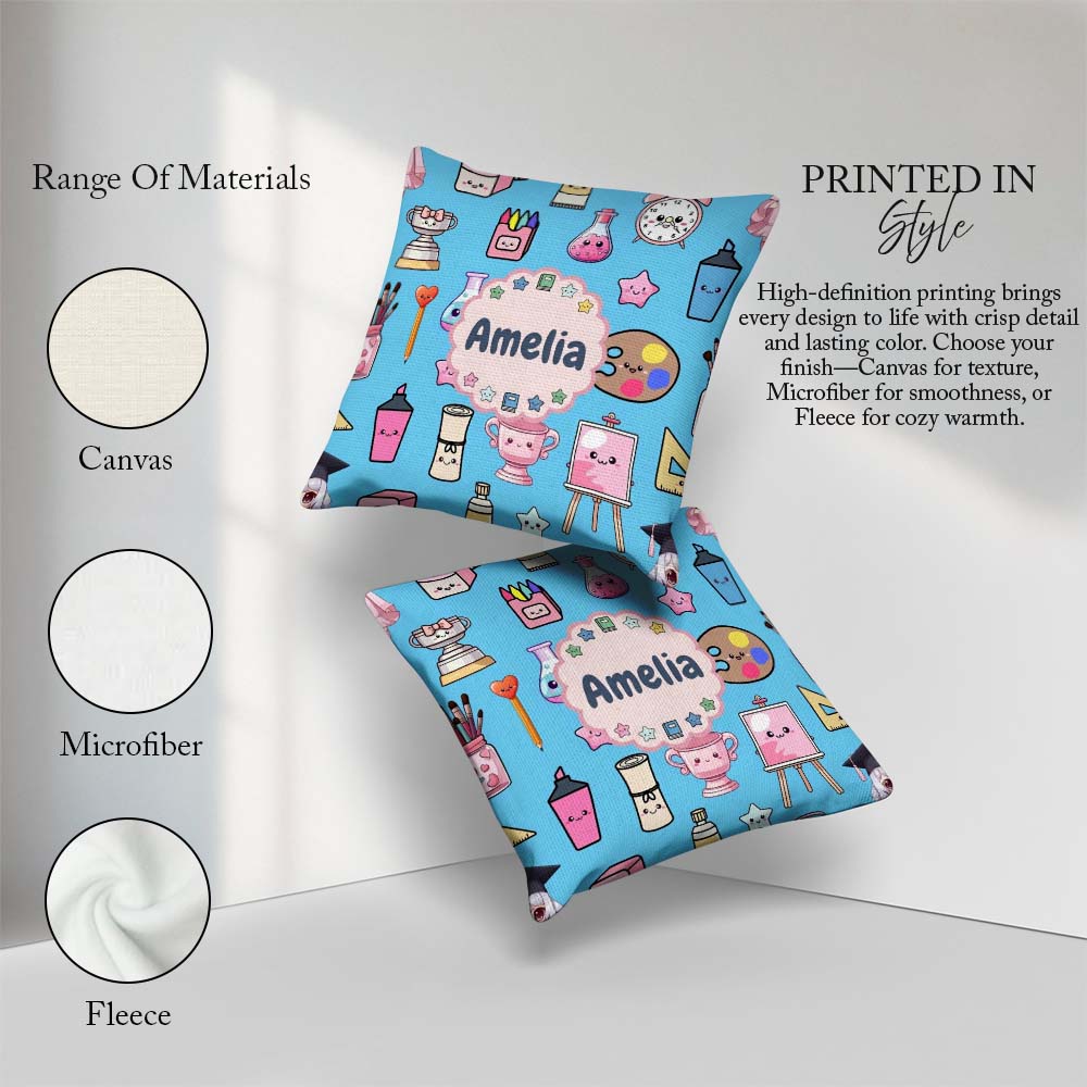 Custom Name Cute Graduate Boy Science Art Supplies Seamless Blue Square Filled Cushion Throw Pillow Sofa Bed Home Decor Zip Washable UK Made