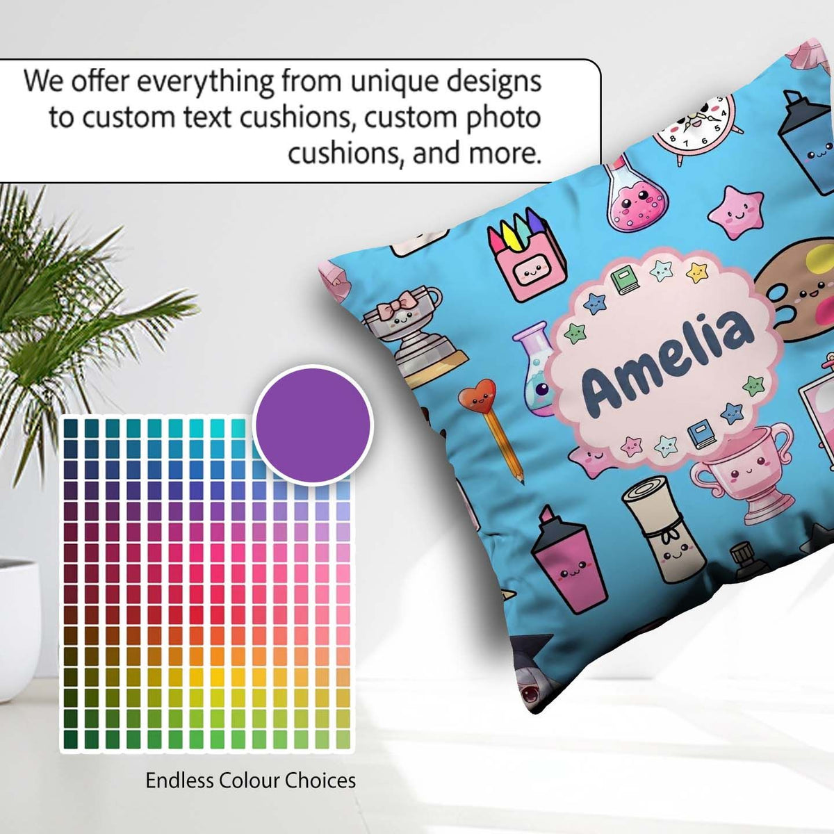 Custom Name Cute Graduate Boy Science Art Supplies Seamless Blue Square Filled Cushion Throw Pillow Sofa Bed Home Decor Zip Washable UK Made