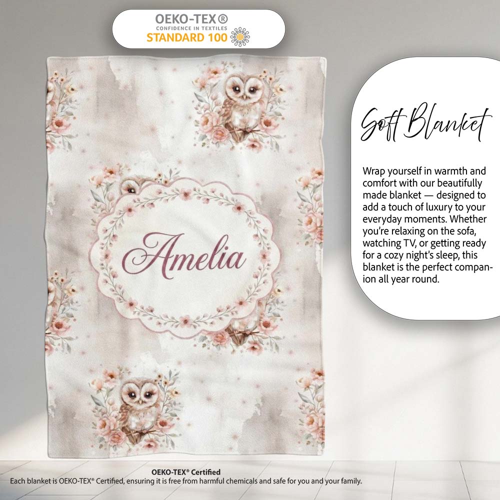 Cute Owl Floral Pastel Nursery Seamless Pattern Perfect Gift for Her Personalised Custom Name Super Soft Fleece Blanket Bed Sofa Throw