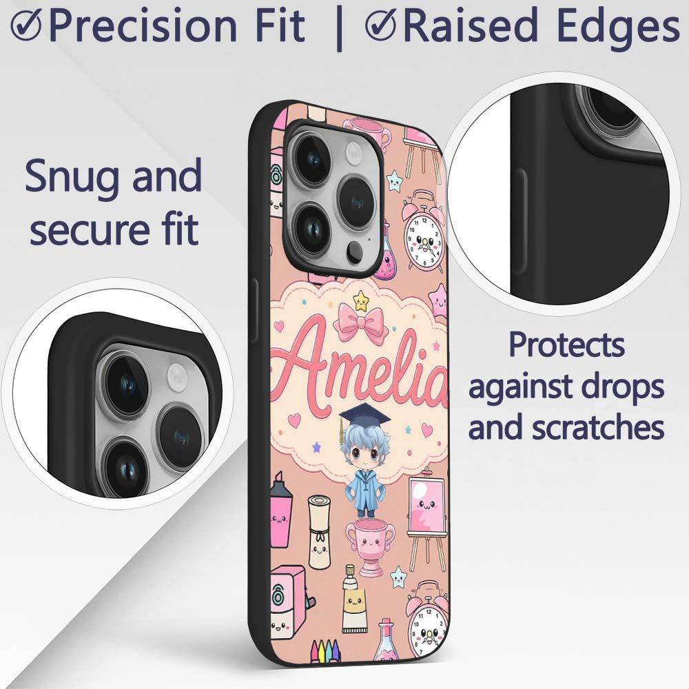 Cute Kawaii Graduate Boy Science Art Supplies Custom Name Protective Phone Case Mobile Cover Durable Everyday Smartphone Shock Resistant