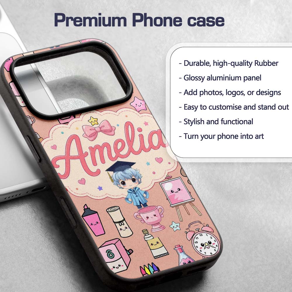 Cute Kawaii Graduate Boy Science Art Supplies Custom Name Protective Phone Case Mobile Cover Durable Everyday Smartphone Shock Resistant