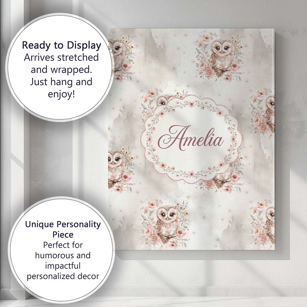 Personalised Name Cute Owl Floral Pastel Nursery Seamless Pattern Custom Bespoke Canvas Wall Art Print Decor Picture Ready to Hang