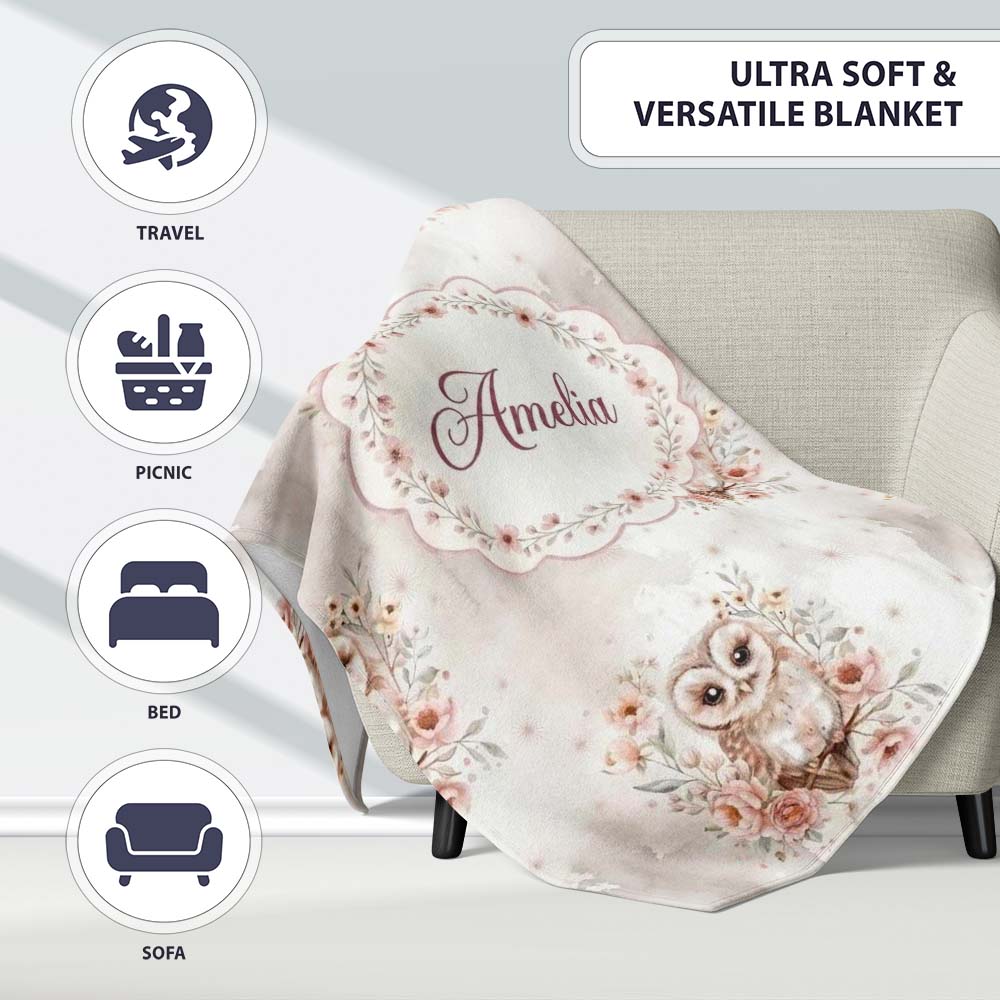 Cute Owl Floral Pastel Nursery Seamless Pattern Perfect Gift for Her Personalised Custom Name Super Soft Fleece Blanket Bed Sofa Throw