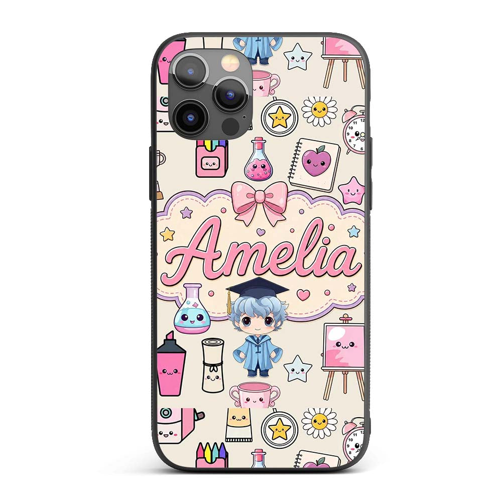 Cute Kawaii Graduate Boy Science Art Supplies Custom Name Protective Phone Case Mobile Cover Durable Everyday Smartphone Shock Resistant