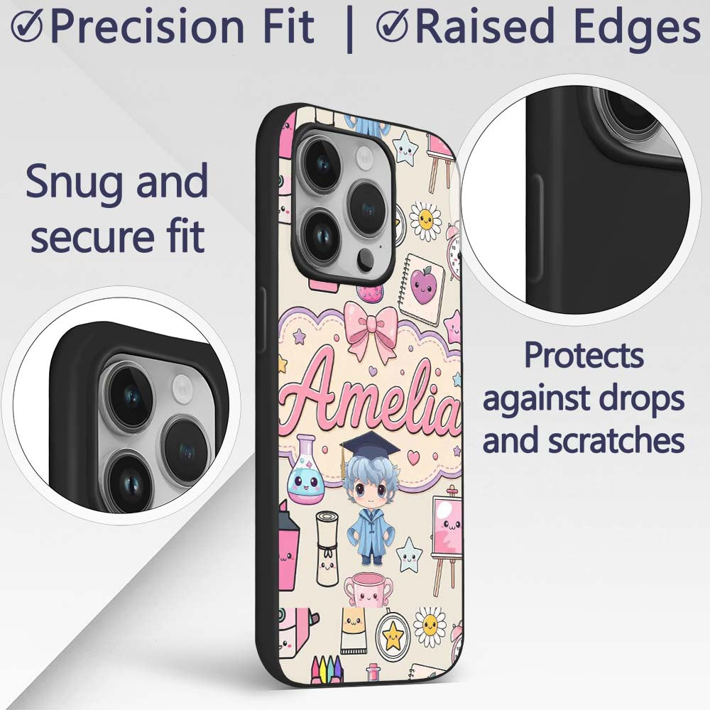 Cute Kawaii Graduate Boy Science Art Supplies Custom Name Protective Phone Case Mobile Cover Durable Everyday Smartphone Shock Resistant
