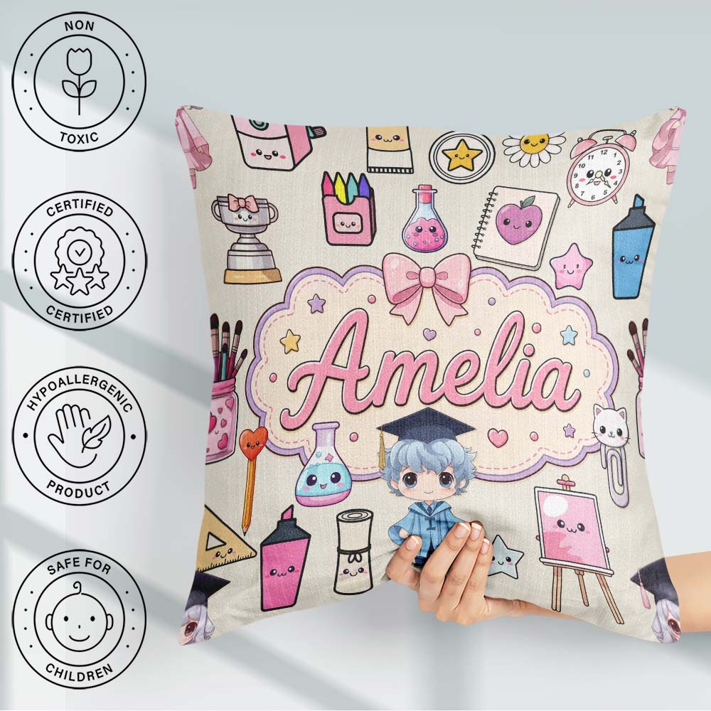 Custom Name Cute Kawaii Graduate Boy Art Supplies Seamless Cream Square Filled Cushion Throw Pillow Sofa Bed Home Decor Zip Washable UK Made