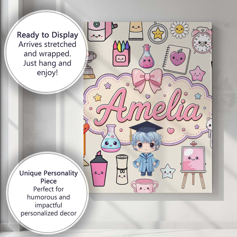 Personalised Name Cute Kawaii Graduate Boy Custom Unique Gift Idea Elegant Feature Canvas Wall Art Print Decor Picture Ready to Hang