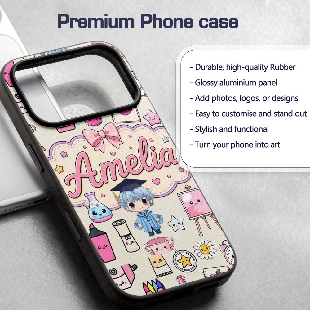 Cute Kawaii Graduate Boy Science Art Supplies Custom Name Protective Phone Case Mobile Cover Durable Everyday Smartphone Shock Resistant