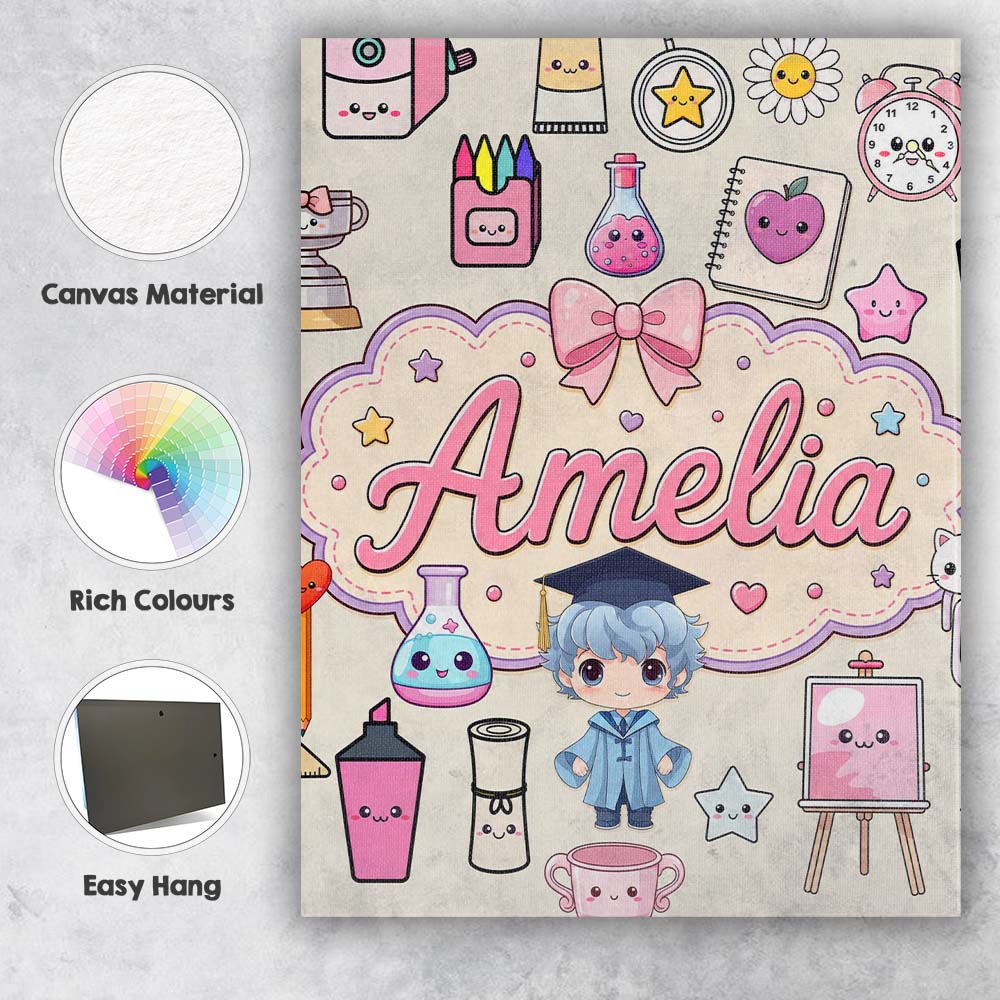Personalised Name Cute Kawaii Graduate Boy Custom Unique Gift Idea Elegant Feature Canvas Wall Art Print Decor Picture Ready to Hang