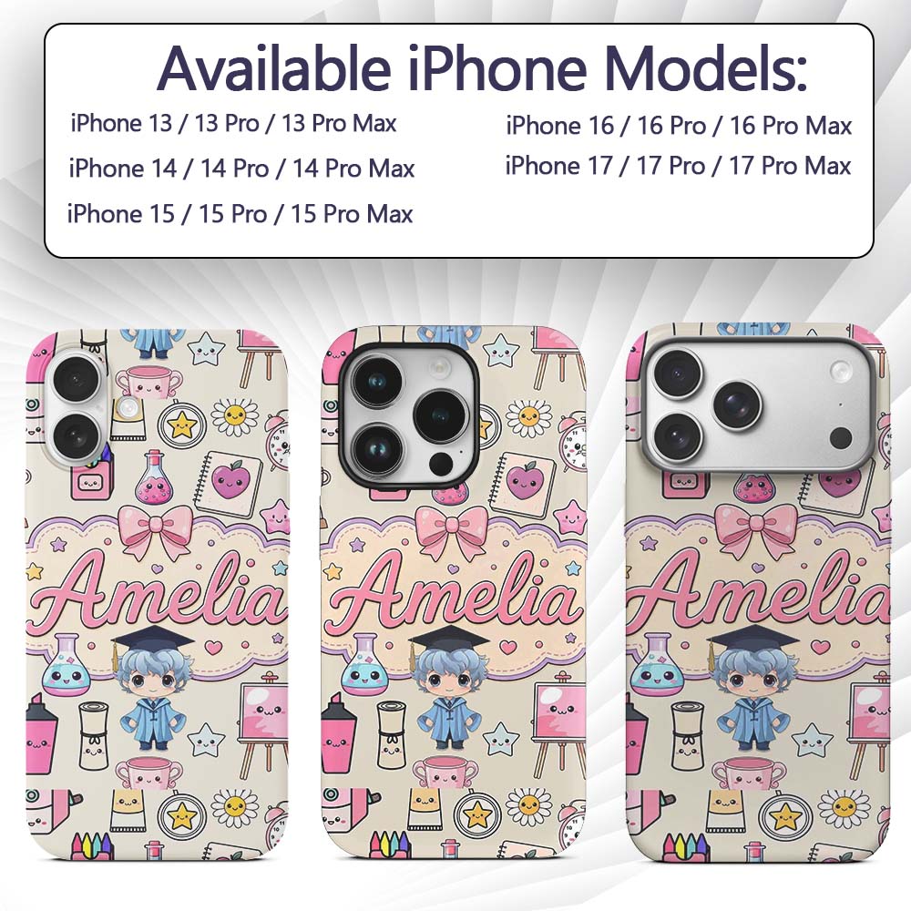Cute Kawaii Graduate Boy Science Art Supplies Custom Name Protective Phone Case Mobile Cover Durable Everyday Smartphone Shock Resistant