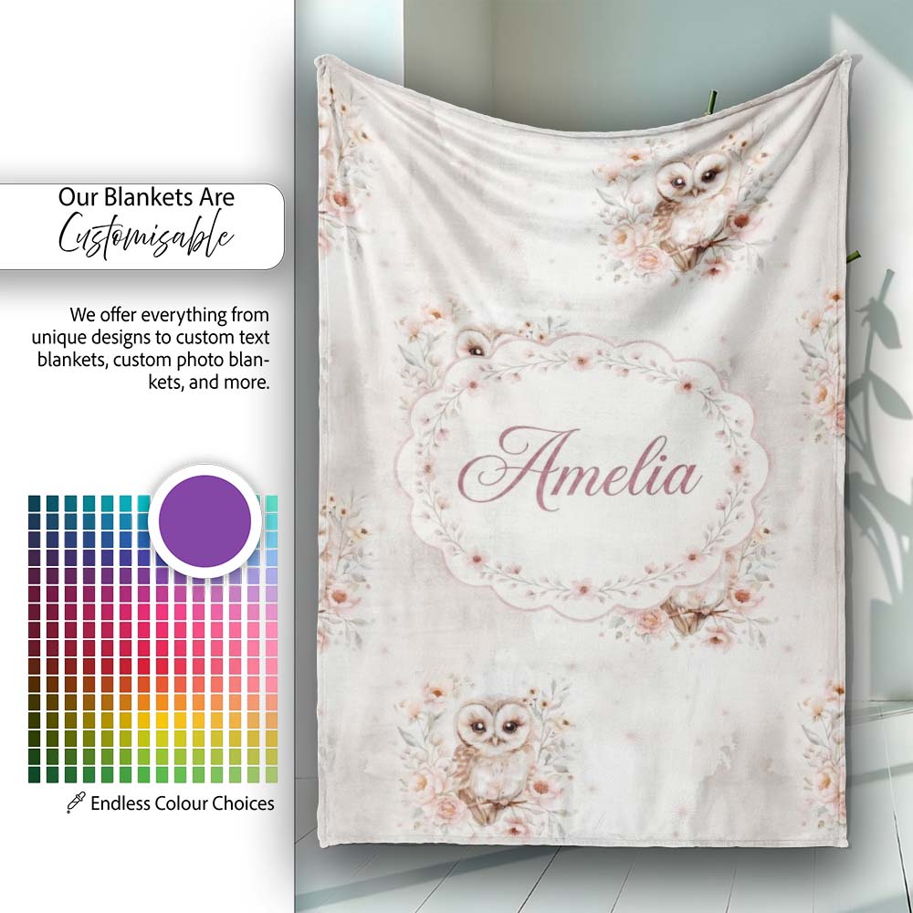 Cute Owl Floral Pastel Nursery Seamless Pattern Perfect Gift for Her Personalised Custom Name Super Soft Fleece Blanket Bed Sofa Throw