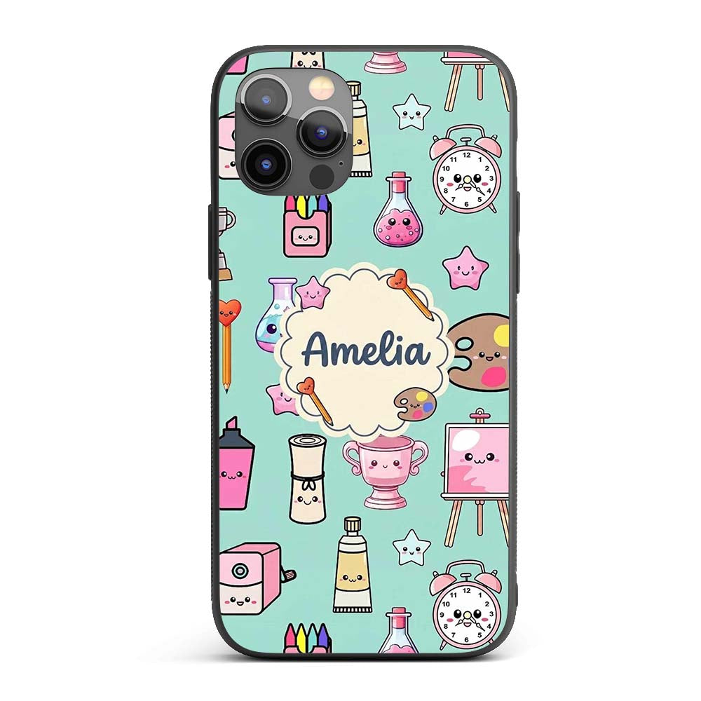 Cute Kawaii Graduate Boy Science Art Supplies Custom Name Protective Phone Case Mobile Cover Durable Everyday Smartphone Shock Resistant
