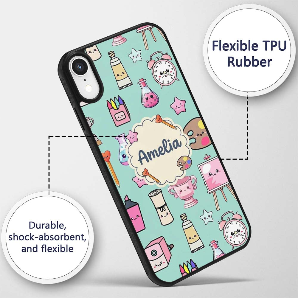 Cute Kawaii Graduate Boy Science Art Supplies Custom Name Protective Phone Case Mobile Cover Durable Everyday Smartphone Shock Resistant
