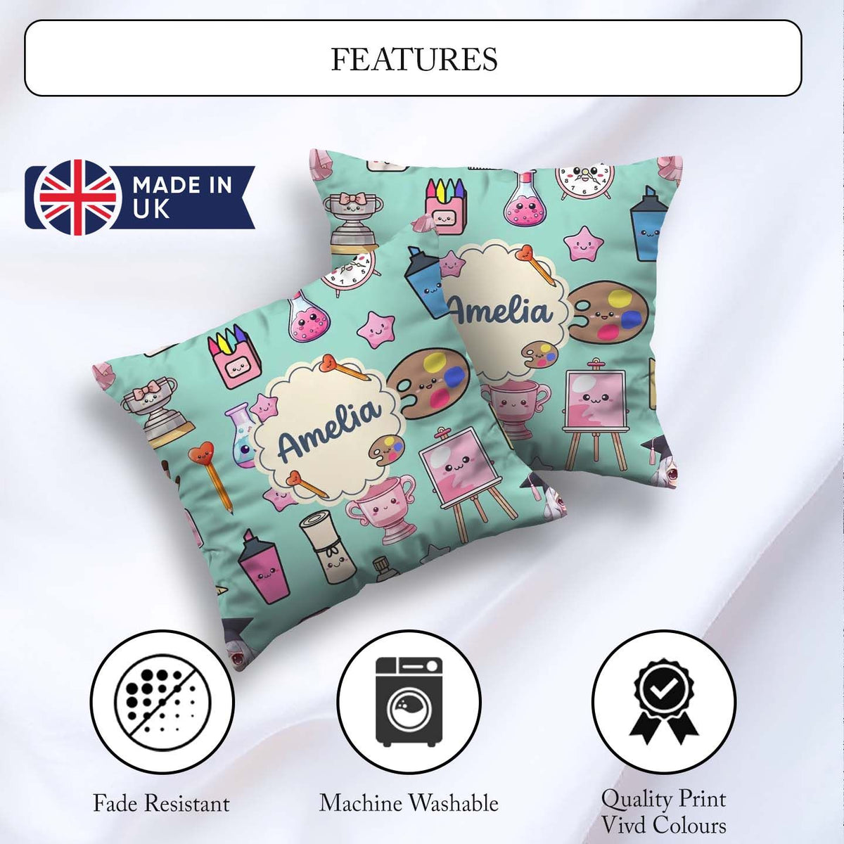 Custom Name Cute Graduate Boy Science Art Supplies Seamless Mint Square Filled Cushion Throw Pillow Sofa Bed Home Decor Zip Washable UK Made