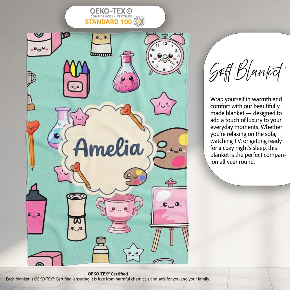 Cute Kawaii Graduate Boy Science Art Supplies Seamless Pattern Mint Personalised Custom Name Super Soft Fleece Blanket Bed Sofa Throw