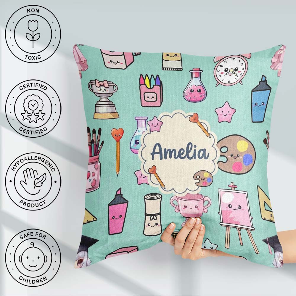 Custom Name Cute Graduate Boy Science Art Supplies Seamless Mint Square Filled Cushion Throw Pillow Sofa Bed Home Decor Zip Washable UK Made