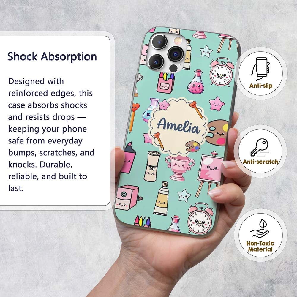 Cute Kawaii Graduate Boy Science Art Supplies Custom Name Protective Phone Case Mobile Cover Durable Everyday Smartphone Shock Resistant