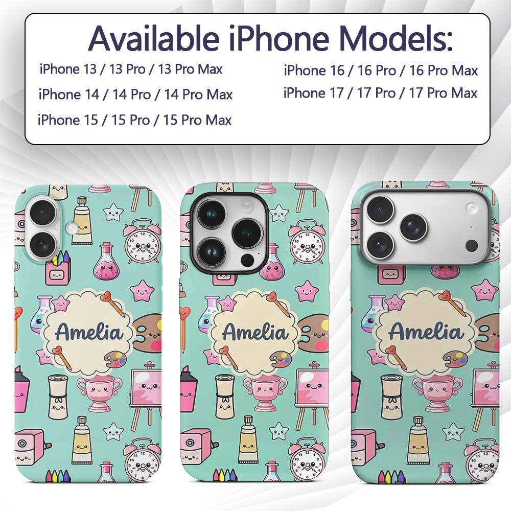 Cute Kawaii Graduate Boy Science Art Supplies Custom Name Protective Phone Case Mobile Cover Durable Everyday Smartphone Shock Resistant