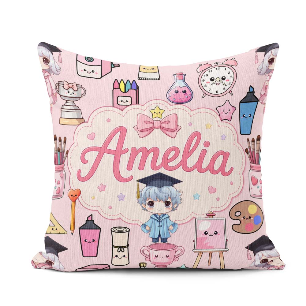 Custom Name Cute Graduate Boy Science Art Supplies Seamless Pink Square Filled Cushion Throw Pillow Sofa Bed Home Decor Zip Washable UK Made