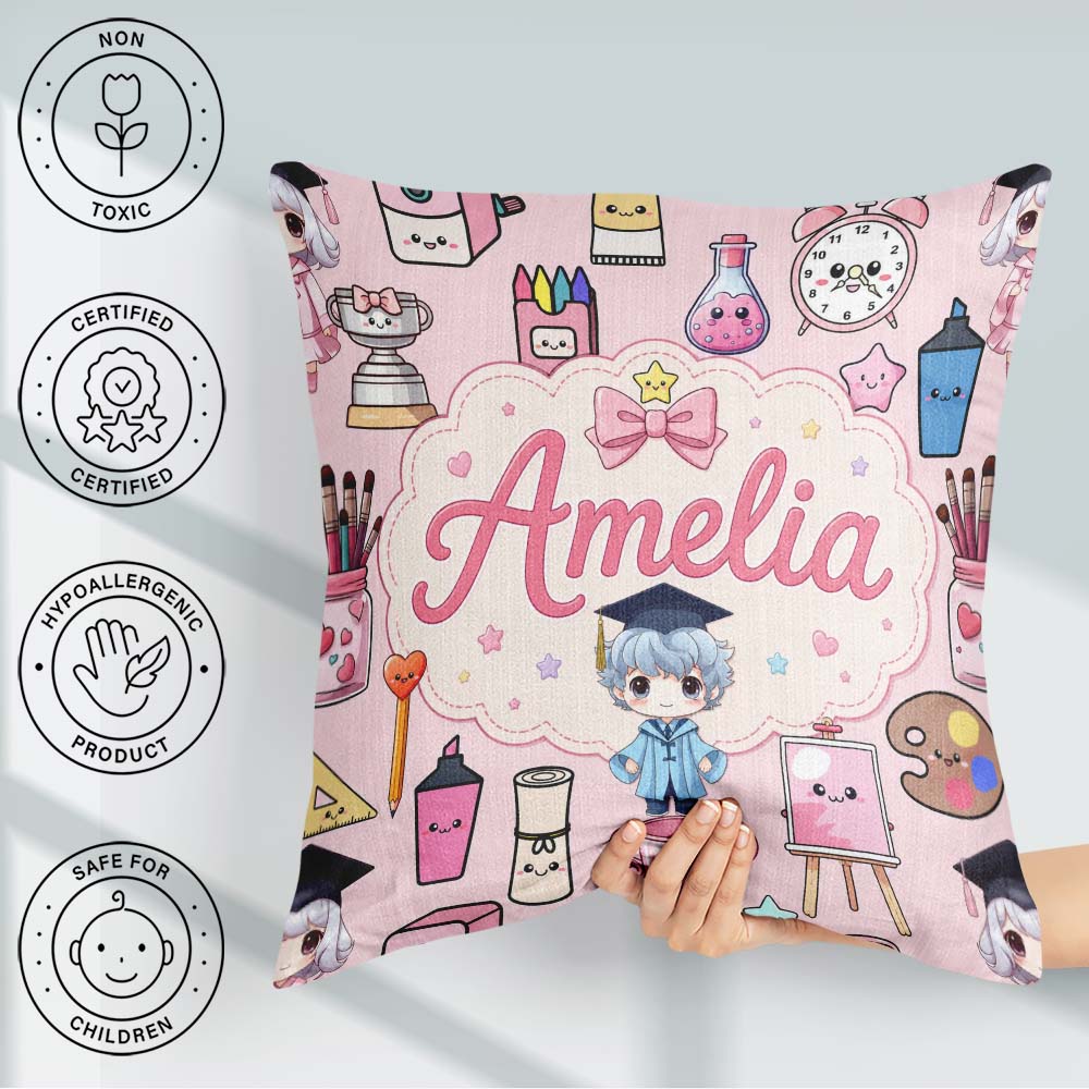Custom Name Cute Graduate Boy Science Art Supplies Seamless Pink Square Filled Cushion Throw Pillow Sofa Bed Home Decor Zip Washable UK Made