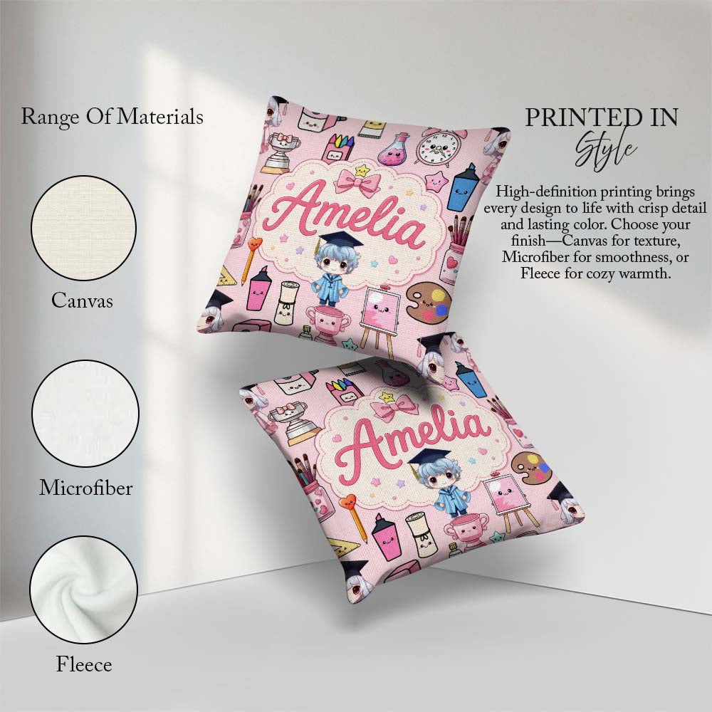 Custom Name Cute Graduate Boy Science Art Supplies Seamless Pink Square Filled Cushion Throw Pillow Sofa Bed Home Decor Zip Washable UK Made