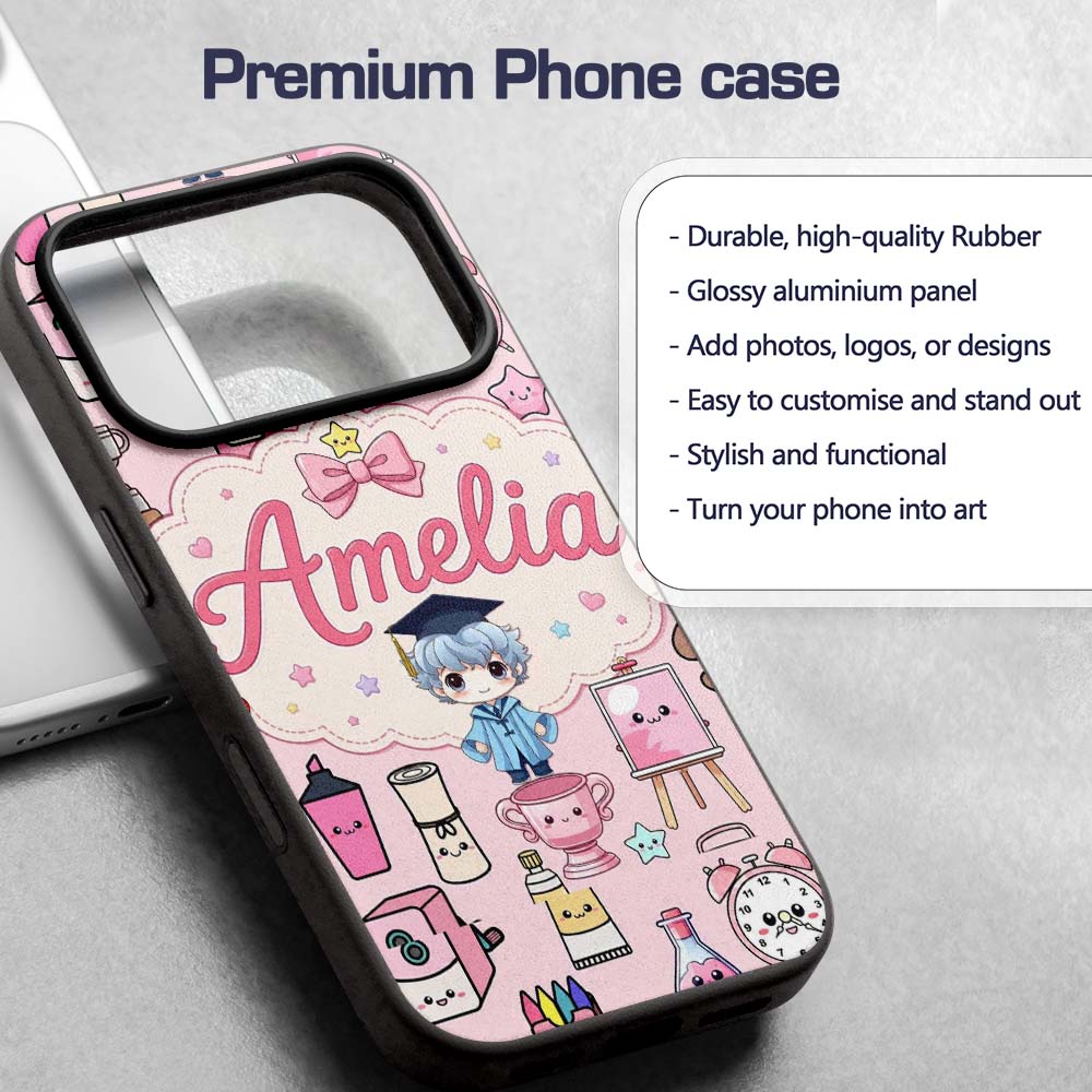 Cute Kawaii Graduate Boy Science Art Supplies Custom Name Protective Phone Case Mobile Cover Durable Everyday Smartphone Shock Resistant