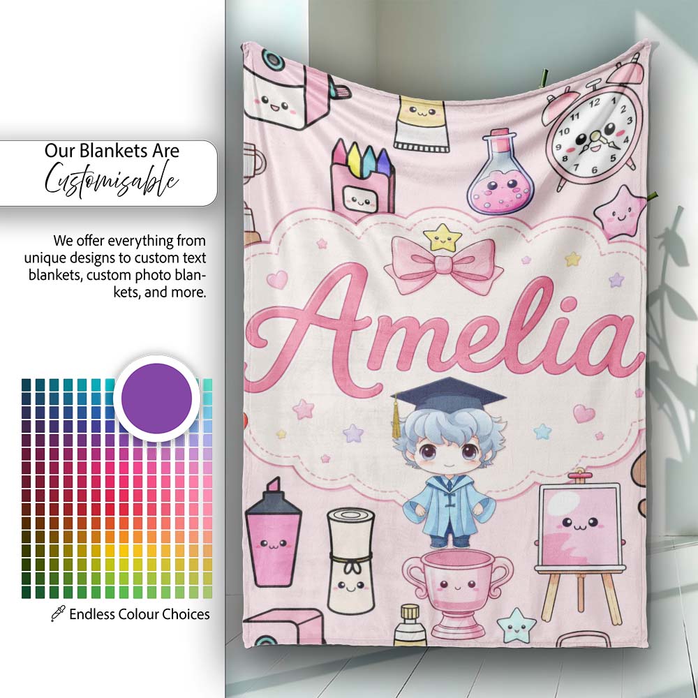 Cute Kawaii Graduate Boy Science Art Supplies Seamless Pattern Pink Personalised Custom Name Super Soft Fleece Blanket Bed Sofa Throw