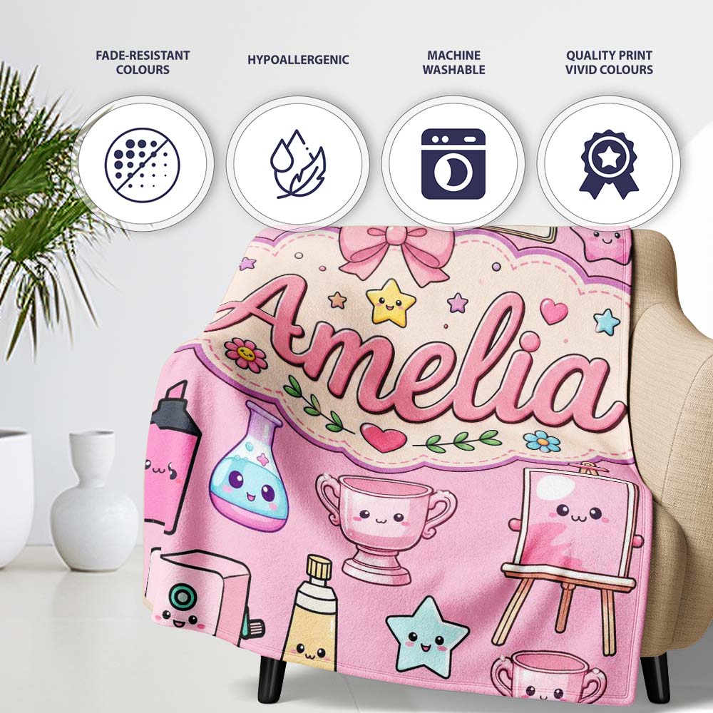 Cute Kawaii Graduation School Science Art Supplies Pattern Pink Personalised Custom Name Super Soft Fleece Blanket Bed Sofa Throw