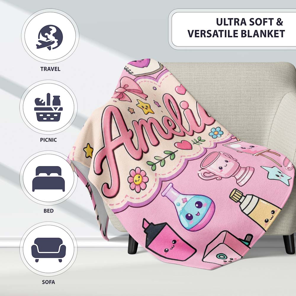 Cute Kawaii Graduation School Science Art Supplies Pattern Pink Personalised Custom Name Super Soft Fleece Blanket Bed Sofa Throw