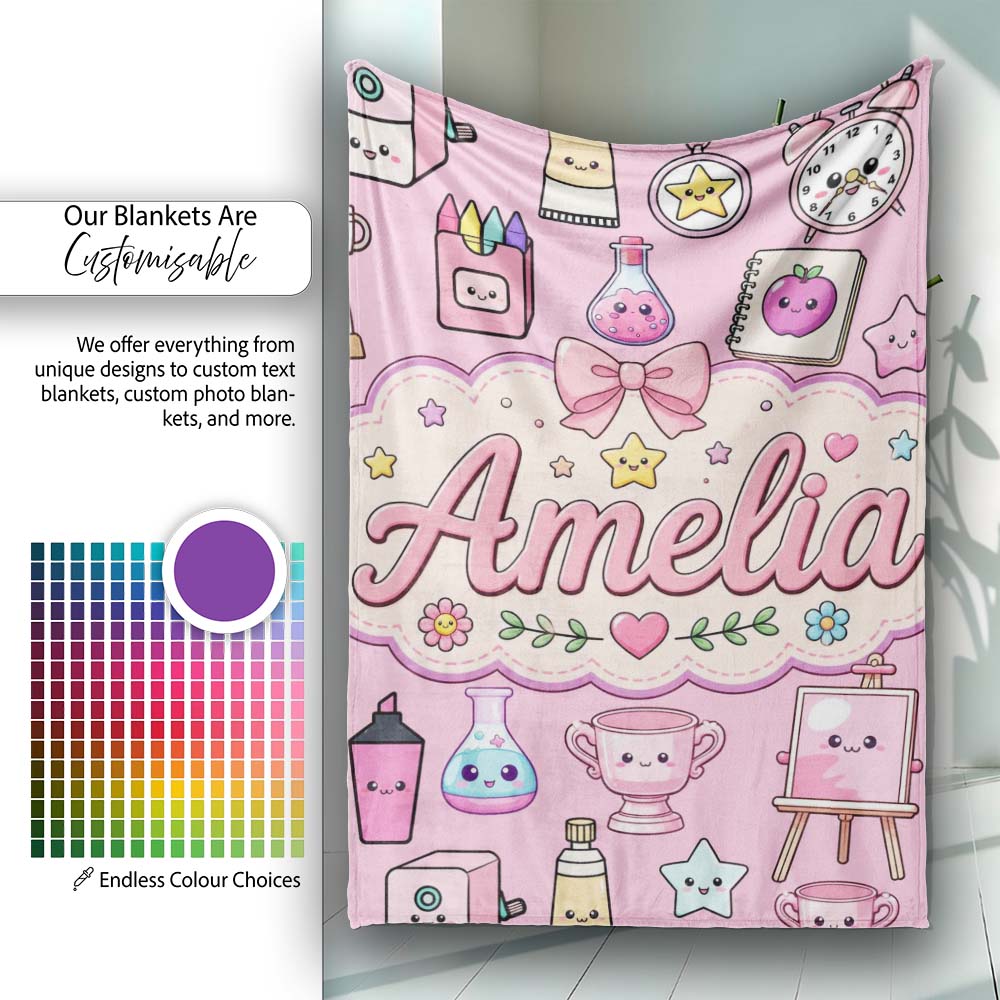 Cute Kawaii Graduation School Science Art Supplies Pattern Pink Personalised Custom Name Super Soft Fleece Blanket Bed Sofa Throw