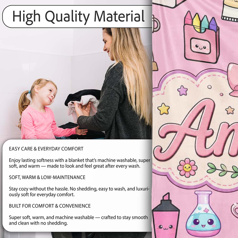 Cute Kawaii Graduation School Science Art Supplies Pattern Pink Personalised Custom Name Super Soft Fleece Blanket Bed Sofa Throw
