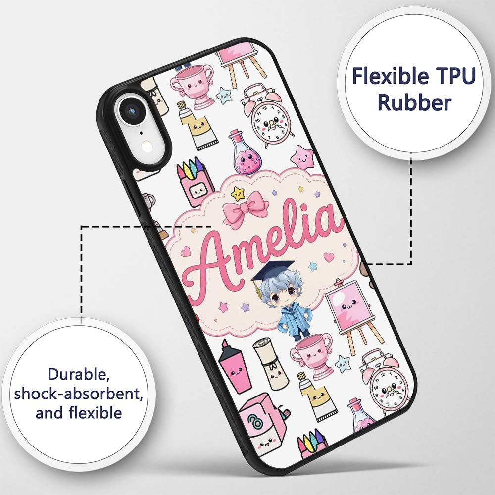 Cute Kawaii Graduation School Printed Design Custom Name Protective Phone Case Mobile Cover Durable Everyday Smartphone Shock Resistant