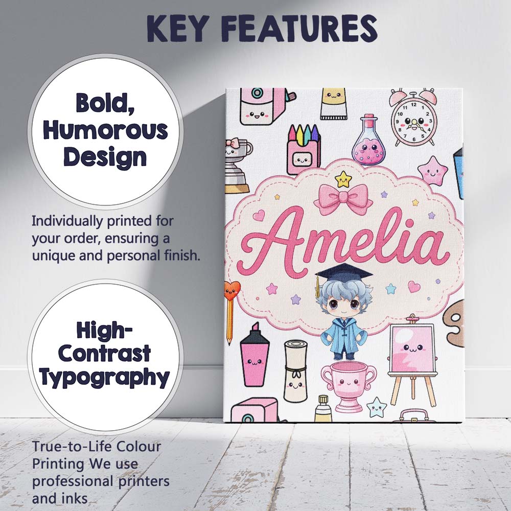 Personalised Name Cute Kawaii Graduation Custom Unique Gift Idea Elegant Feature Canvas Wall Art Print Decor Picture Ready to Hang