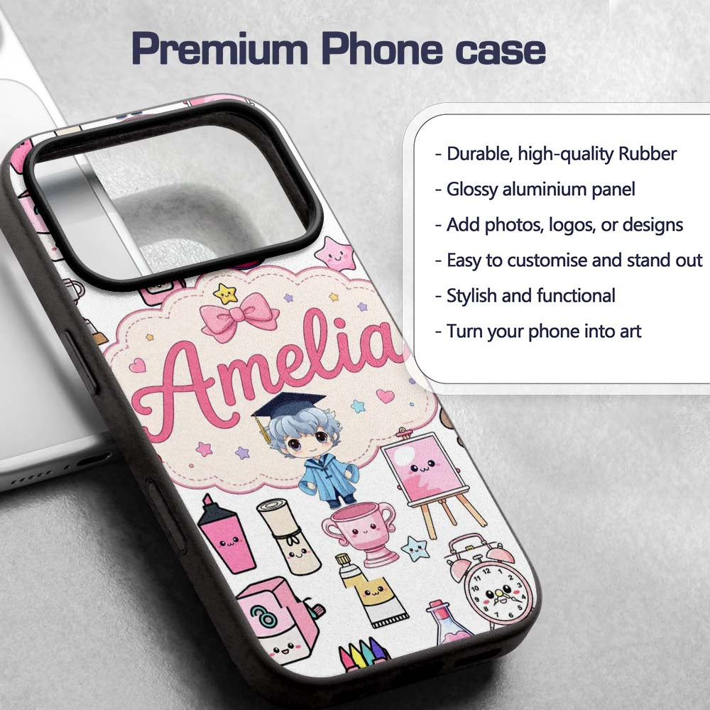 Cute Kawaii Graduation School Printed Design Custom Name Protective Phone Case Mobile Cover Durable Everyday Smartphone Shock Resistant