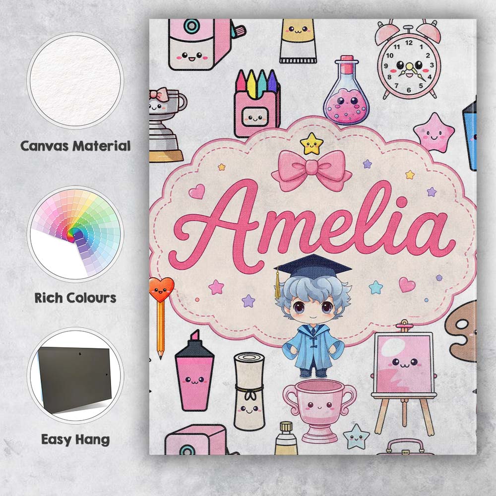 Personalised Name Cute Kawaii Graduation Custom Unique Gift Idea Elegant Feature Canvas Wall Art Print Decor Picture Ready to Hang