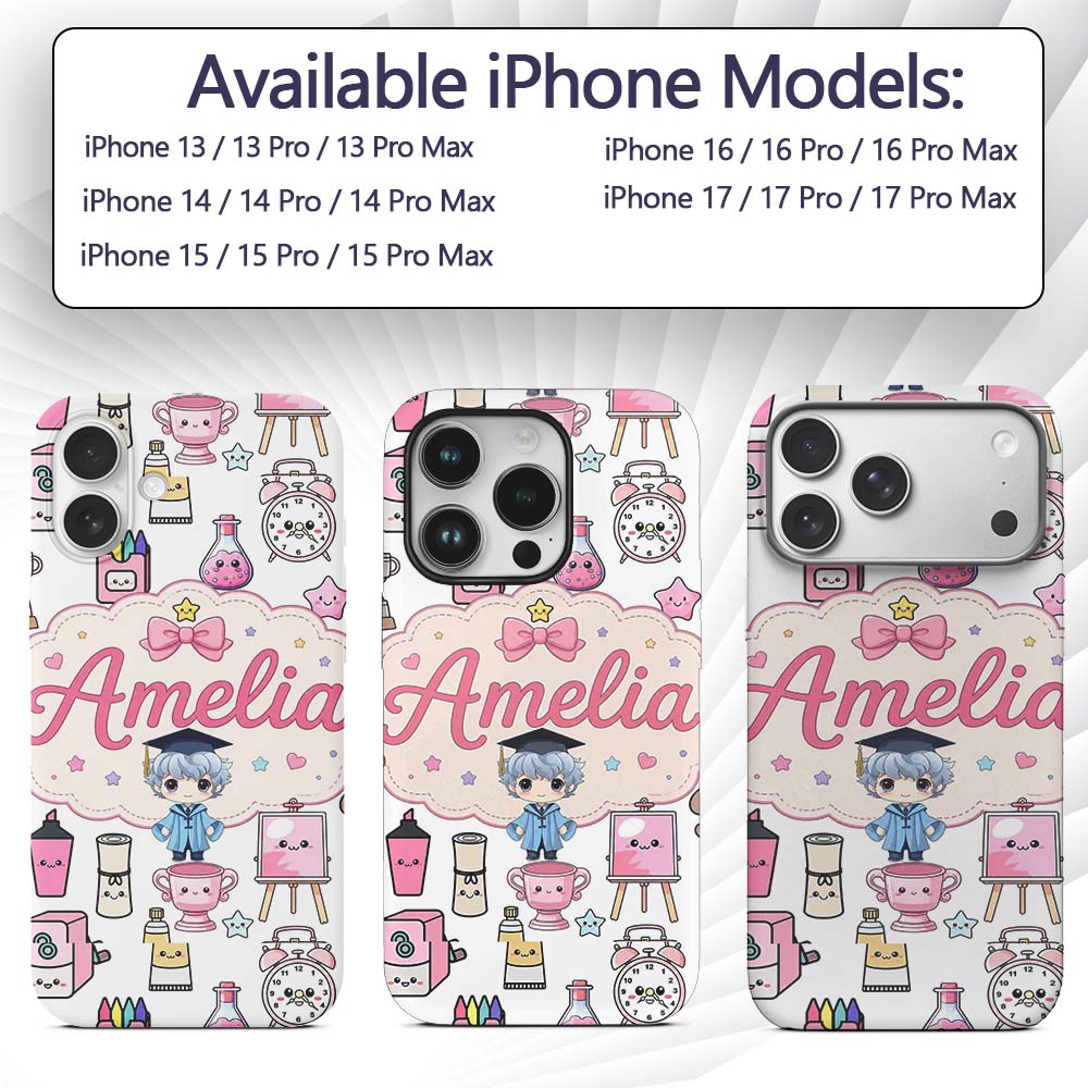 Cute Kawaii Graduation School Printed Design Custom Name Protective Phone Case Mobile Cover Durable Everyday Smartphone Shock Resistant