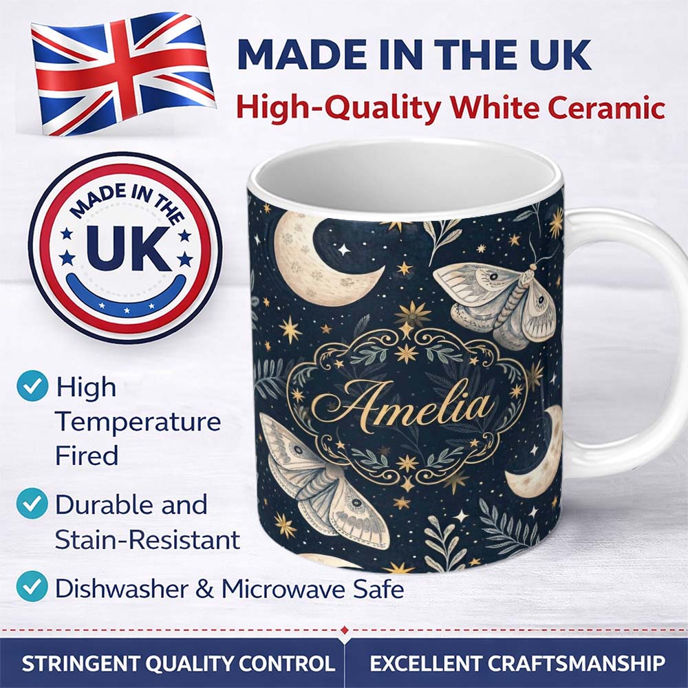 Personalized Custom Name Mystical Tree Moon Stars Celestial Forest Seamless Pattern Lovely 11oz Ceramic Coffee Tea Mug White Large Handle