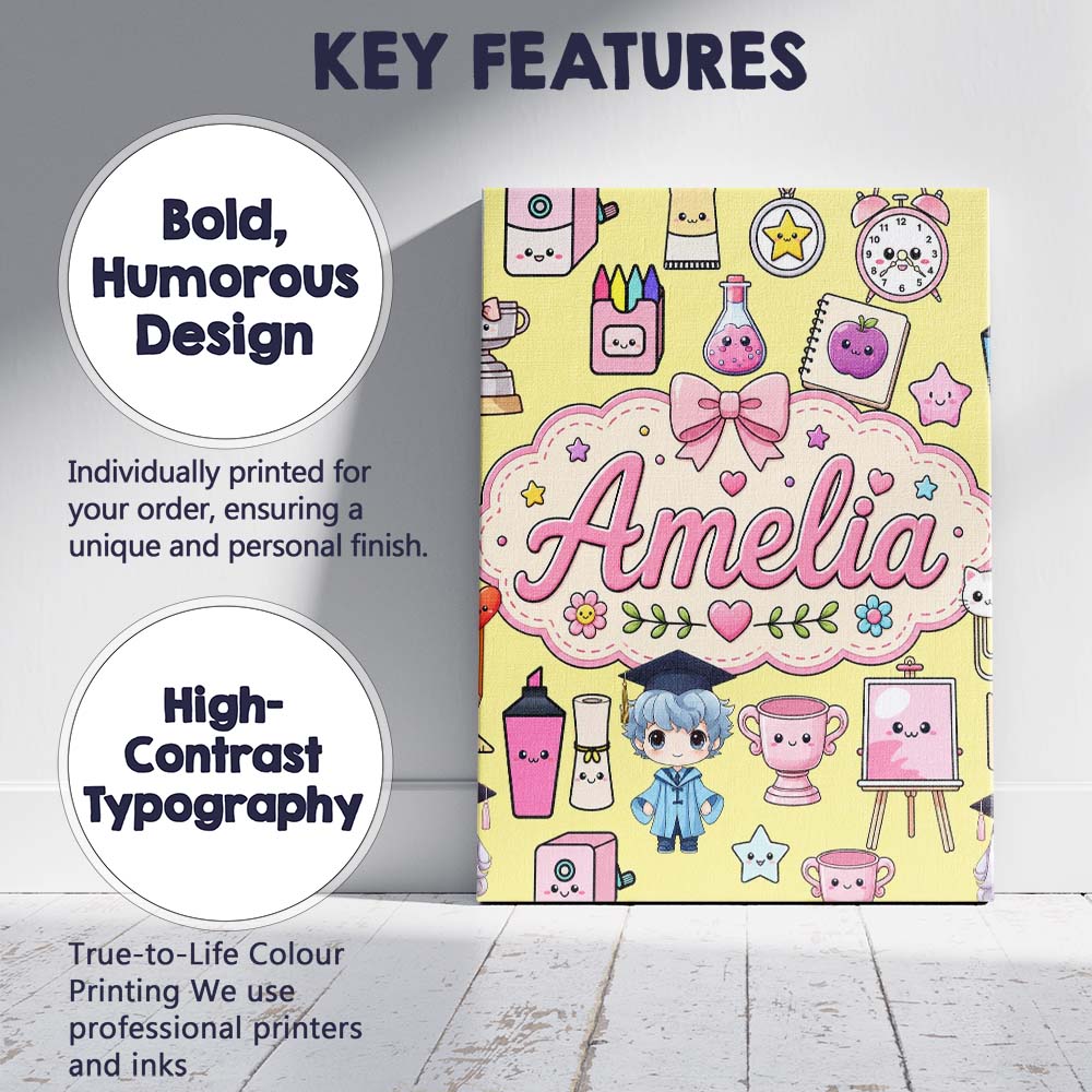 Personalised Name Cute Kawaii Graduation Custom Unique Gift Idea Elegant Feature Canvas Wall Art Print Decor Picture Ready to Hang