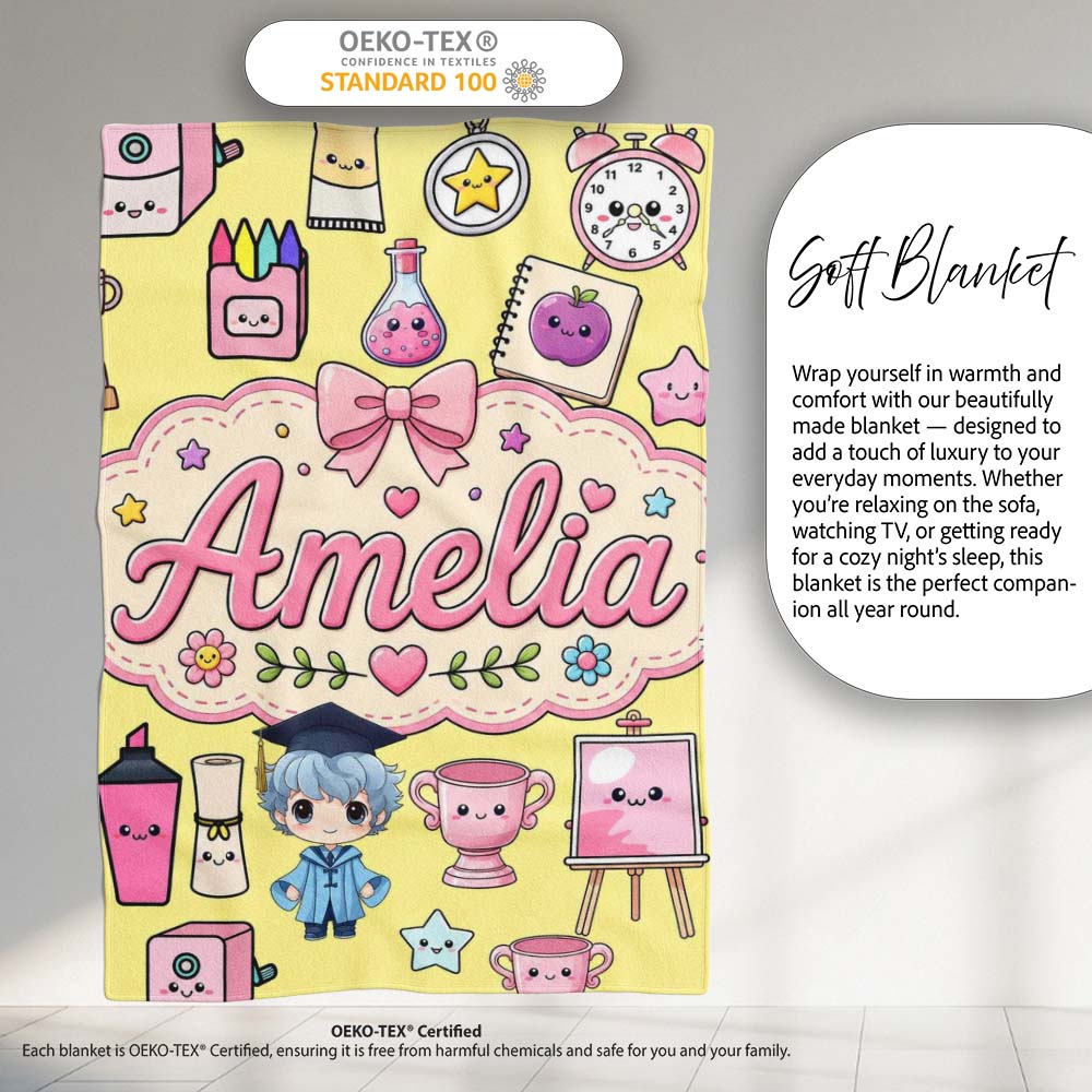 Cute Kawaii Graduation School Science Art Supplies Pattern Yellow Personalised Custom Name Super Soft Fleece Blanket Bed Sofa Throw