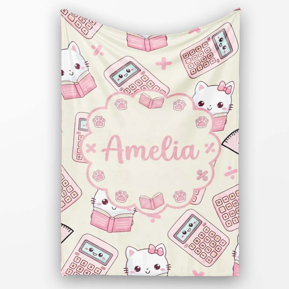 Cute Kawaii Maths Cat Calculator Ruler Seamless Pattern Cream Lovely Personalised Custom Name Super Soft Fleece Blanket Bed Sofa Throw